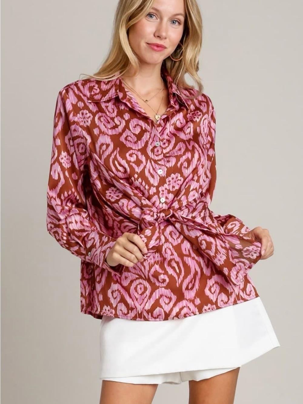 Umgee Pink and Brown Ikat Button-Front Tie-Waist Blouse